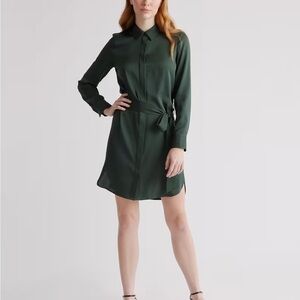 Quince Green Long Sleeve Shirt Dress with Belt Silk Dress